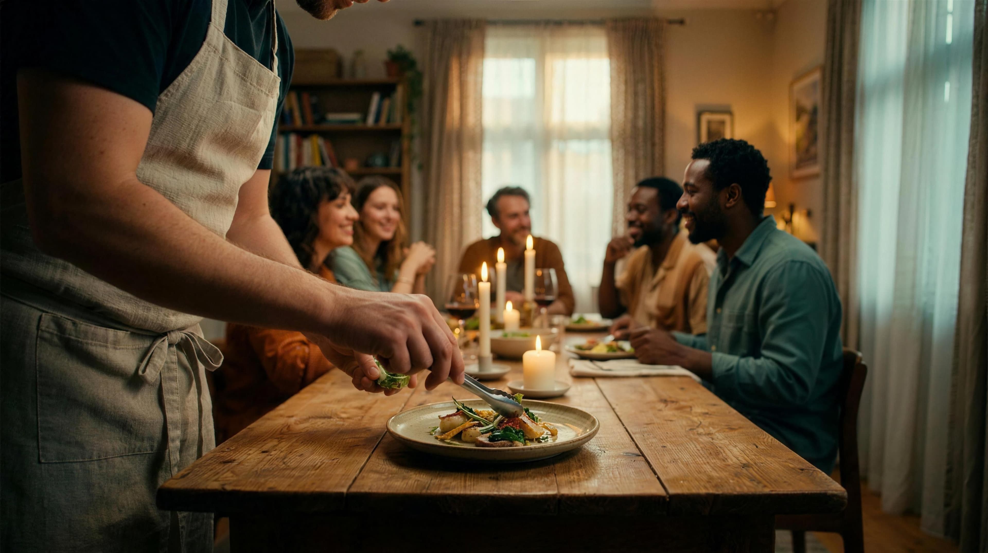 A host finishes plating a dish at a wooden table while friends look on, candles lit.