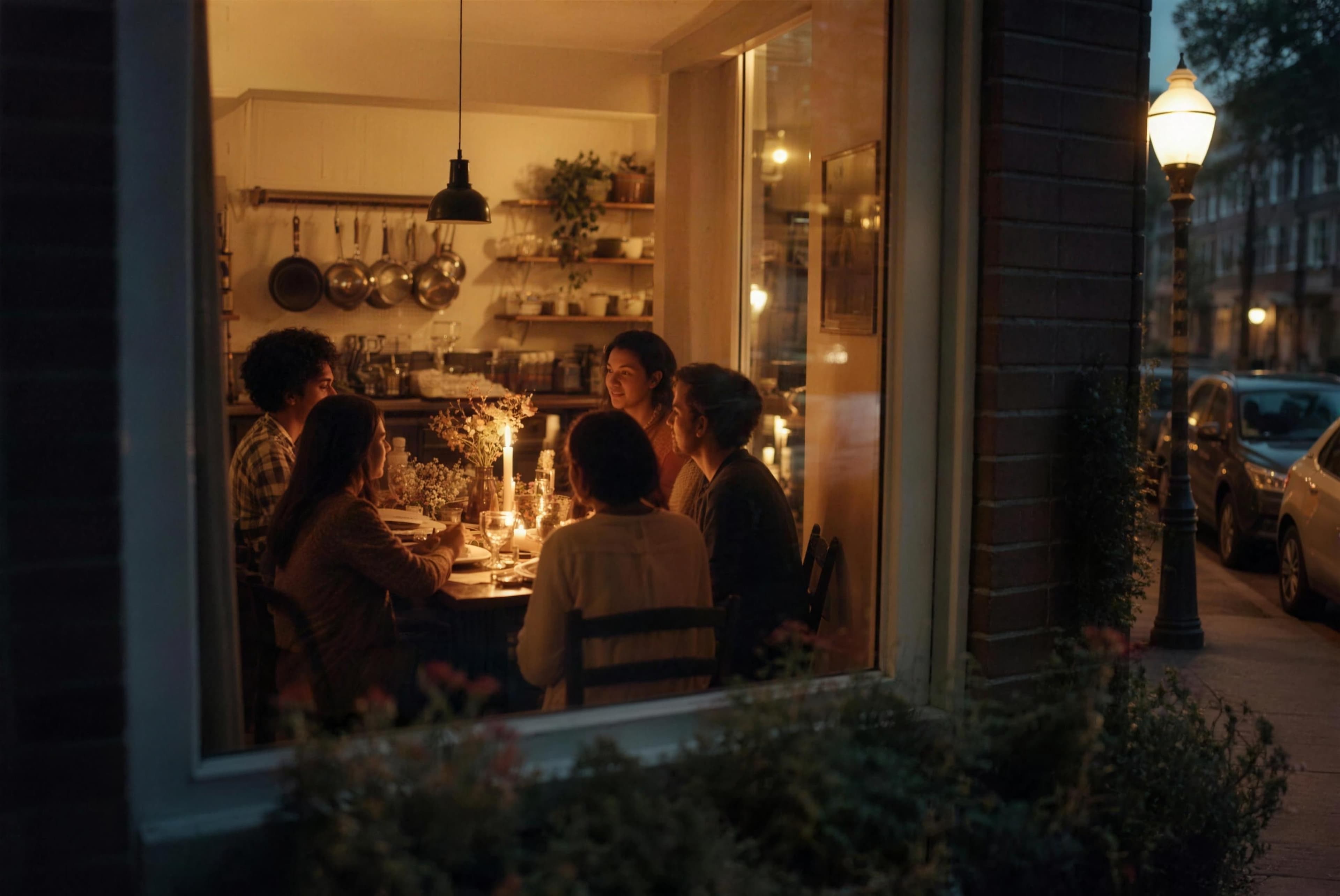 Looking in from the street at a small dinner lit by candlelight, string lights and a lamppost outside.