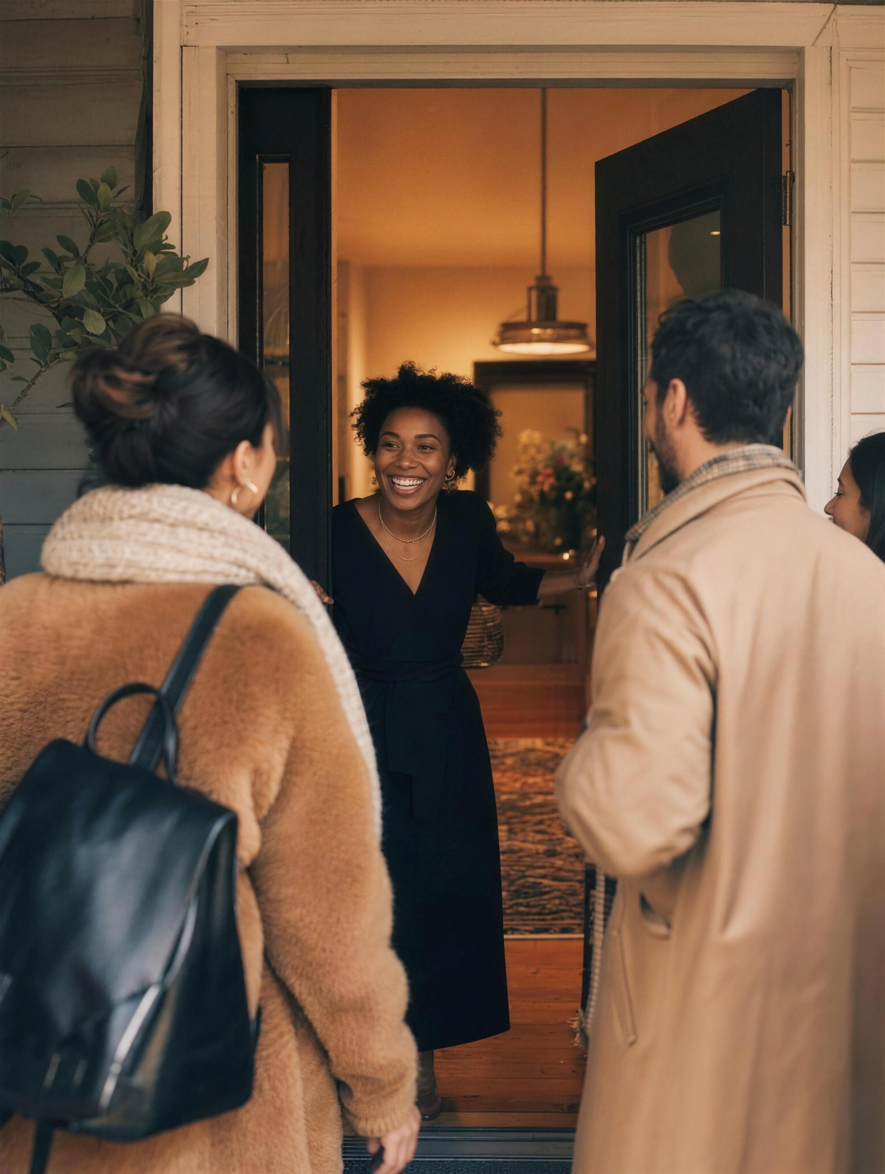 A host welcomes two guests warmly at the door of a dinner already underway, light spilling out into the evening.