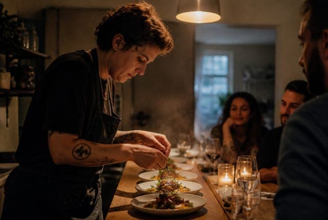 A chef plating a course at a home-kitchen pass for an intimate Tenseats pop-up
