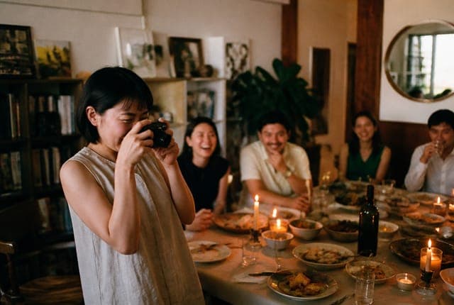 A creator capturing a candid moment at a Tenseats home dinner while guests laugh