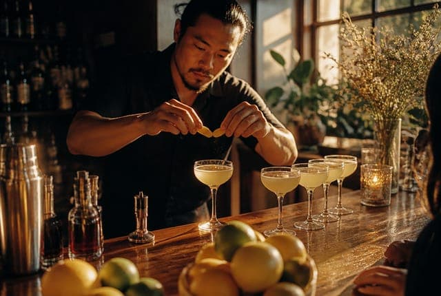 A mixologist expressing a citrus peel over a cocktail at a home bar for a Tenseats tasting