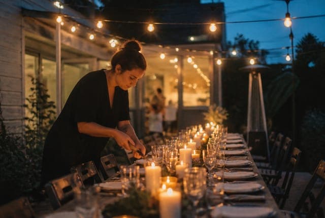 A venue host lighting candles down a string-lit backyard table before a Tenseats dinner